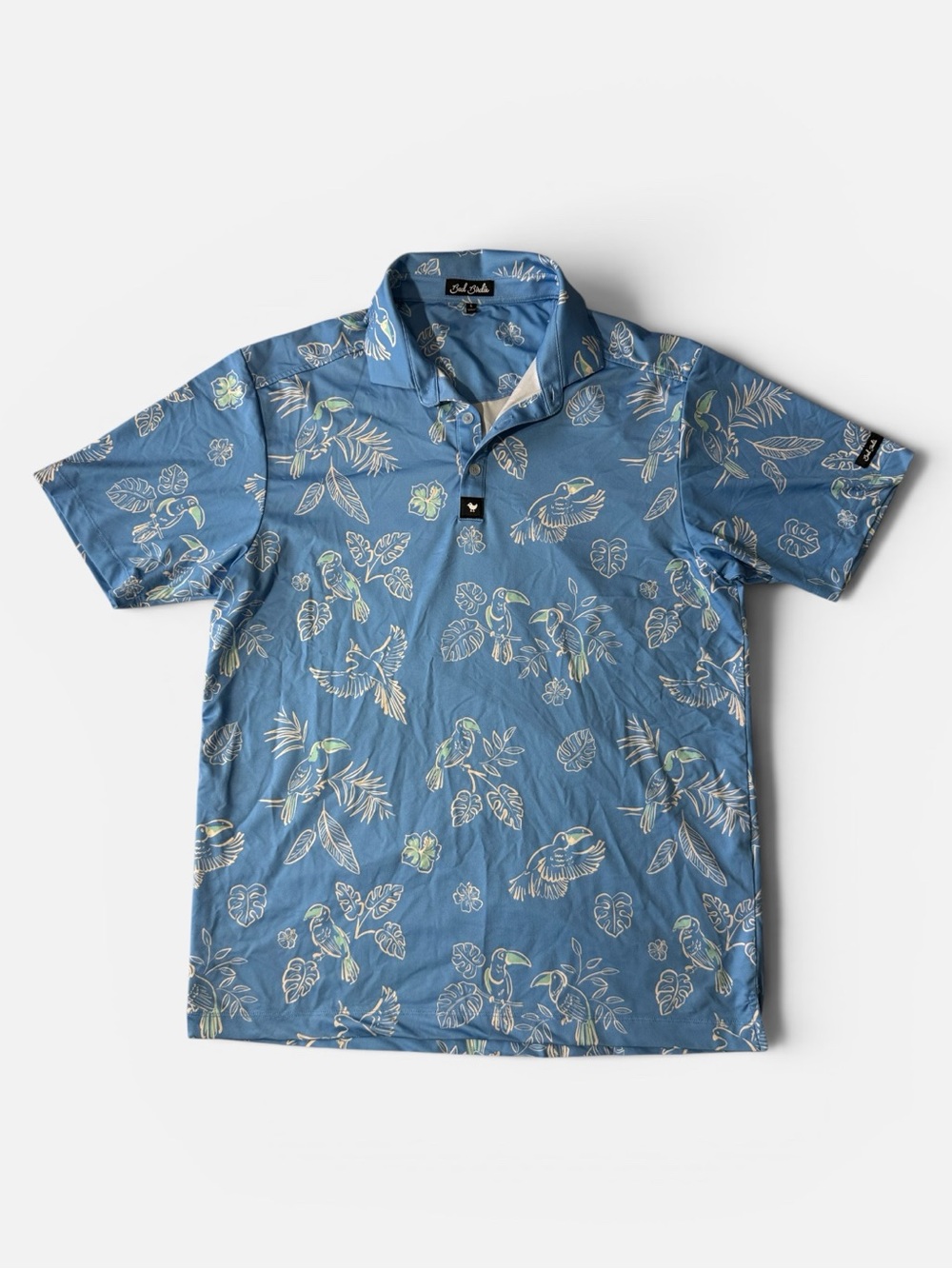Bad Birdie mens L Large blue floral parrot pattern performance golf polo shirt